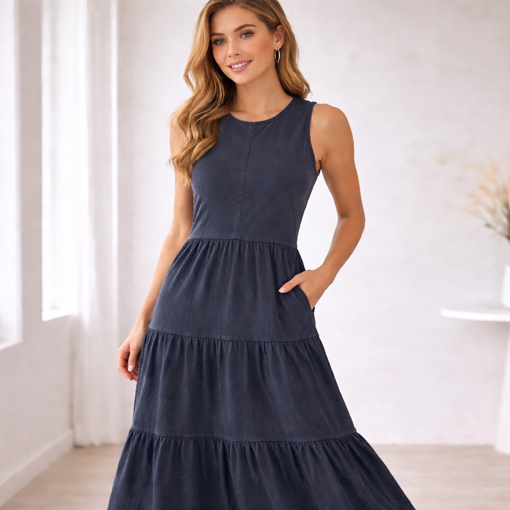ME+EM Dress Womens US 8 Black Sleeveless‎ Tiered Midi Cotton Jersey Pockets Tank